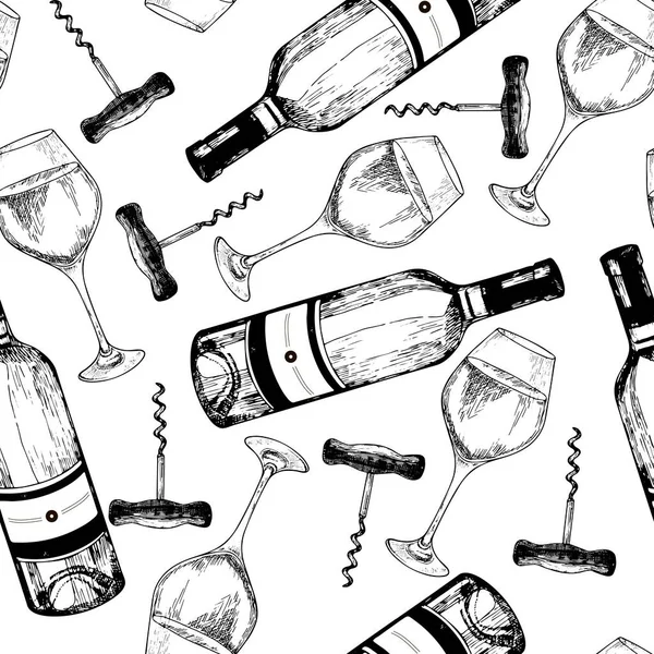 Beyaz Şarabın Kusursuz Şablonu Beyaz Arka Plana Elle Çizilmiş Nesneler — Stok Vektör