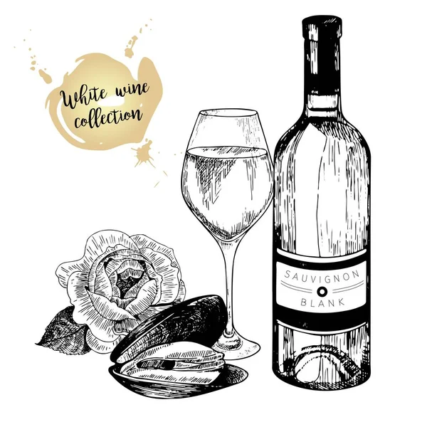 Vector Set White Wine Engraved Vintage Style Wine Bottle Mussel — Stock Vector