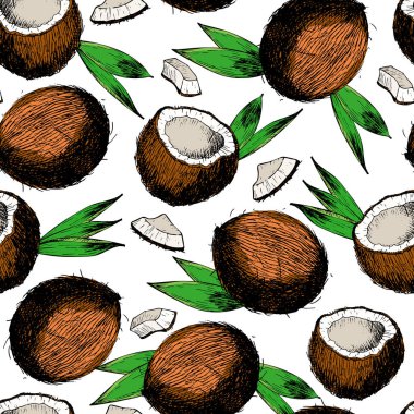 Hindistancevizlerinin, dilimlerinin ve yaprakların vektörsüz deseni. El çizimi renkli oyma sanat. Sağlıklı güzellik saçı. moda ürünlerinizi tasarlayın, markalaşma, kimlik, reklam, promosyon.