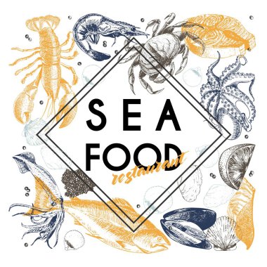 Vektör el yazısı deniz ürünleri afişi. Istakoz, somon, yengeç, karides, ahtapot, mürekkep balığı, midye. Kenarlara oyulmuş sanat. Lezzetli menü nesneleri. Restoran için kullan, tanıtım pazarı ilanı