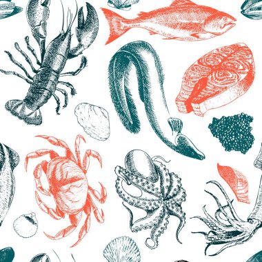 Deniz ürünleri. Istakoz, yengeç, somon, havyar, mürekkep balığı, karides ve istiridye. El oyması ikonlar. Lezzetli yemek menüsü nesneleri. Resaurant, promosyon, market bayrağı