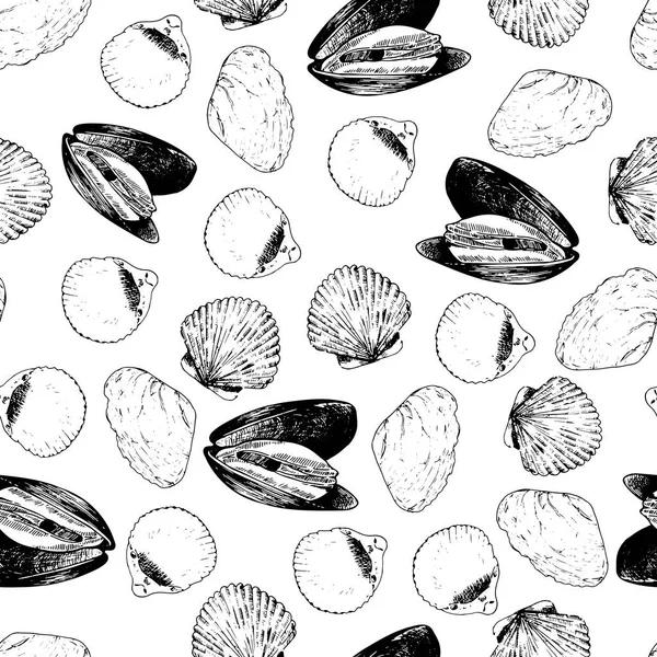 Modèle Sans Couture Vectoriel Fruits Mer Moules Palourdes Icônes Gravées — Image vectorielle