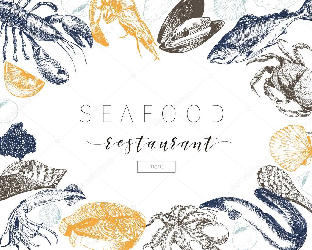 Vector hand drawn seafood banner.Lobster, salmon, crab, shrimp, ocotpus, squid, clams.Engraved art in square border composition.Delicious menu objects. Use for restaurant, promotion market store flyer