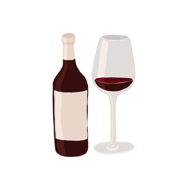 Red wine bottle and a glass. Picknick food and alcohol drink. Set of Abstract vector illustrations. Summer trendy simple icons. Good for instagram post, business advertisement, flyer design.