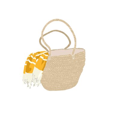 Beach straw bag with towel. Rattan basket tote bag with pestemal. Set of Abstract feminine vector illustrations. Summer trendy simple icons. For instagram post, business advertisement, flyer design.