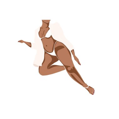 Curved lady wearing a bikini. Plus size attarctive woman in summer swimsuit. Abstract feminine vector illustrations. Summer trendy simple icons. Instagram post, business advertisement, flyer design.