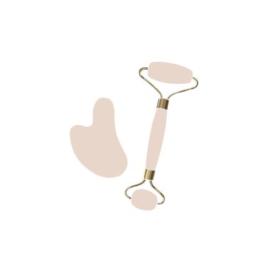 Jade face roller and gua sha. Rose quartz face massager. Skin lifting tools. Abstract feminine vector illustrations. Summer trendy simple icons. Instagram post, business advertisement, flyer design.