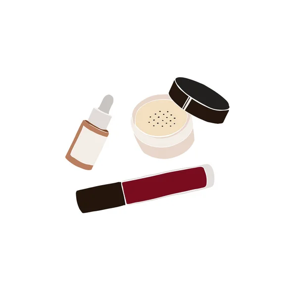 Set of cute cosmetics. Serum bottle, lipstick and face powder. Set of Abstract feminine vector illustrations. Summer girly trendy simple icons. Instagram post, business advertisement, flyer design — Vetor de Stock