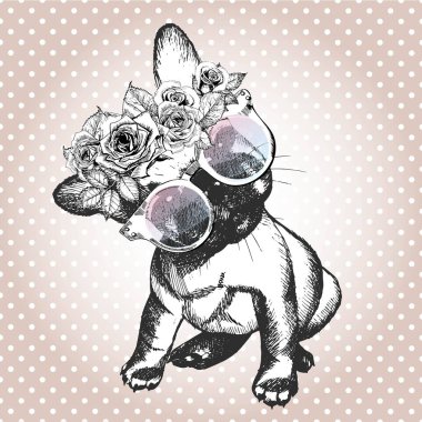 Vecotr portrait of dog, wearing the floral wreath and sunglasses. Hand drawn vintage trendy illustration. French bulldog breed. Isolated on polka dot and rose gold background. vector