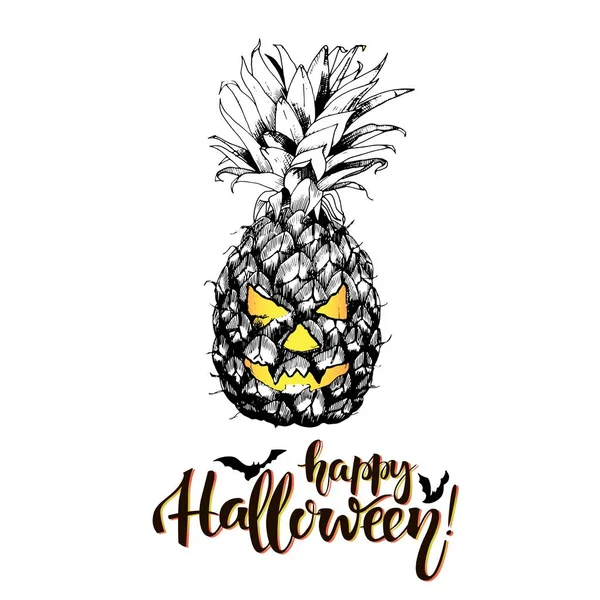 Vector Ευχετήρια Κάρτα Για Halloween Pineaple Τρομακτικό Χαμόγελο Καμπυλωτό Πρόσωπο — Διανυσματικό Αρχείο