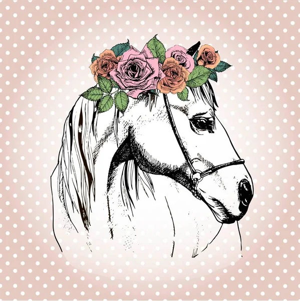 Vector Hand Drawn Portrait Horse Wearing Floral Crown Isolated Polka — Vetor de Stock