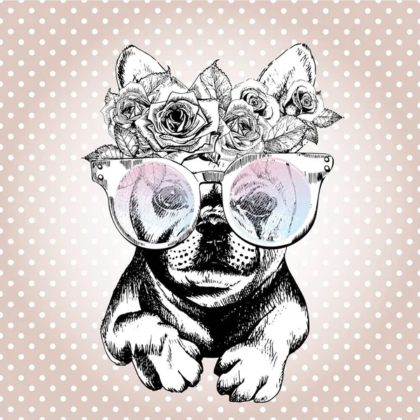 Çiçekli çelenk ve güneş gözlüğü takan bir köpek portresi. El yapımı, modaya uygun bir illüstrasyon. Fransız bulldog cinsi. Polka noktasında izole edilmiş ve gül sarısı arka planda. 