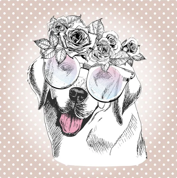 Vecotr Portret Van Hond Met Bloemenkrans Zonnebril Handgetekende Vintage Trendy — Stockvector