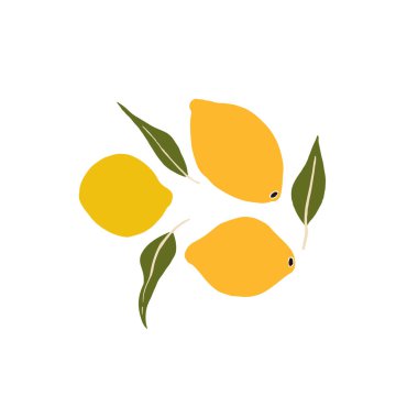 Limonlu meyve ve yaprak. Citrus tatlı sulu meyve. Yiyecek ve içecek. Soyut vektör çizimleri kümesi. Yaz modası simgeleri. Instagram postası, iş ilanı, broşür tasarımı için.