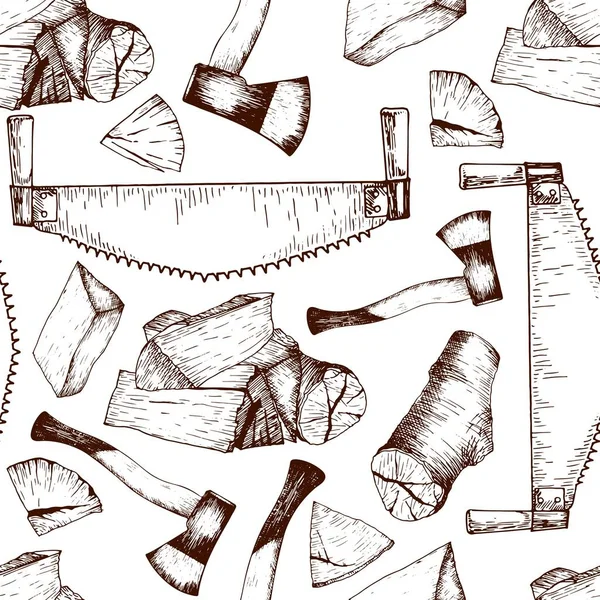 Vector Seamless Pattern Timber Working Tools Saw Axe Firewoods Vintage — Stock vektor