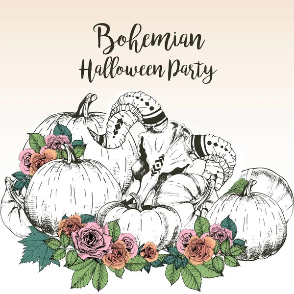Vector Poster Bohemian Halloween Party Goat Skull Pumpkins Rose Wreaths Vector Graphics