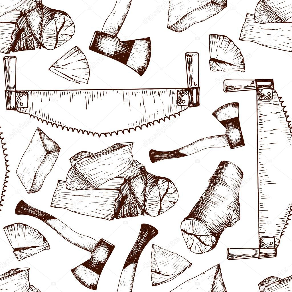 Vector seamless pattern of timber working tools. Saw, axe, firewoods. Vintage sketched engravred style. Good for package, store design. Hipster trendy Lumberjack collection.