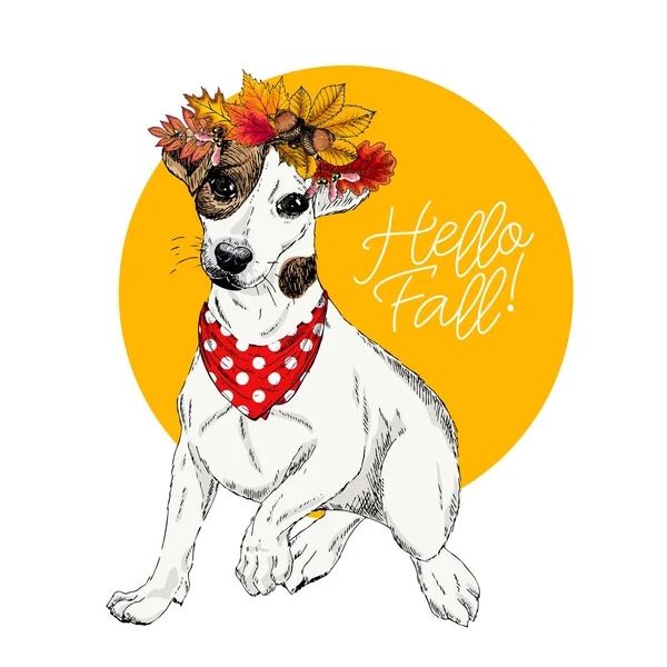 Retrato Vetorial Jack Russel Cão Terrier Vestindo Folhas Outono Coroa — Vetor de Stock