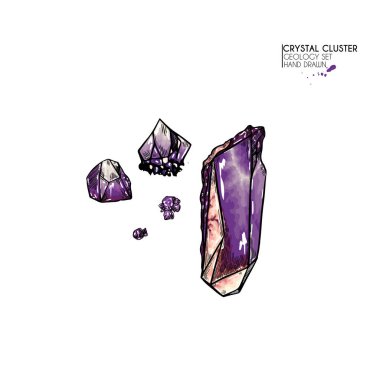 El çizimi kristal küme. Vektör mineral çizimi. Ametist ya da kuvars taşı. İzole edilmiş doğal mücevher. Jeoloji seti. Dekorasyon, ilan, bayrak, cadılar bayramı, düğün, cadı şeyleri için kullan