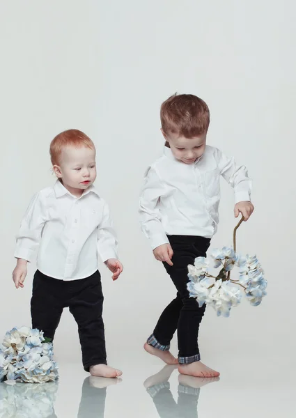 Słodkie chłopców z kwiatami — Zdjęcie stockowe