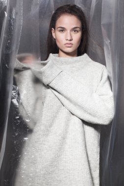 Portrait of young beautiful woman with natural beauty, nude makeup, long straight hair.