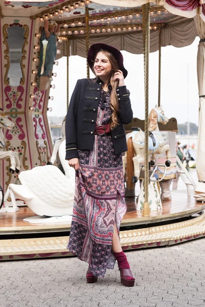 Stylish young girl posing in maxi hippie dress — Stock Photo, Image