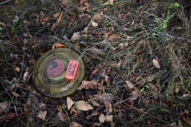 TNT bloklu Rus tanksavar mayını TM-62 M patlamada mayınların temizlenmesi için gerekli. Fotoğraftaki Rusça yazı: 