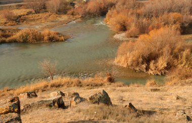 Güzel sonbahar manzarası. Nehir, ağaçlar, doğa