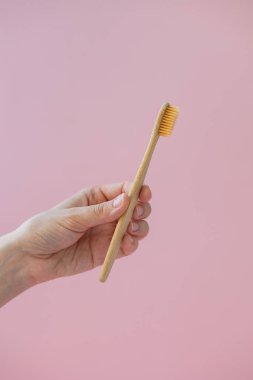 Günlük insan hijyeni, pamuk çubukları ve pamuk pedleri, pembe bir arka planda bambu diş fırçalarını tutan bir kadın eli ya da bitkilerin arka planında