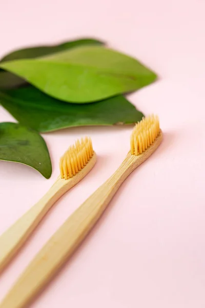 Kebersihan manusia sehari-hari, penyeka kapas dan bantalan kapas, tangan wanita memegang sikat gigi bambu pada latar belakang merah muda di kaca atau dengan latar belakang tanaman — Stok Foto