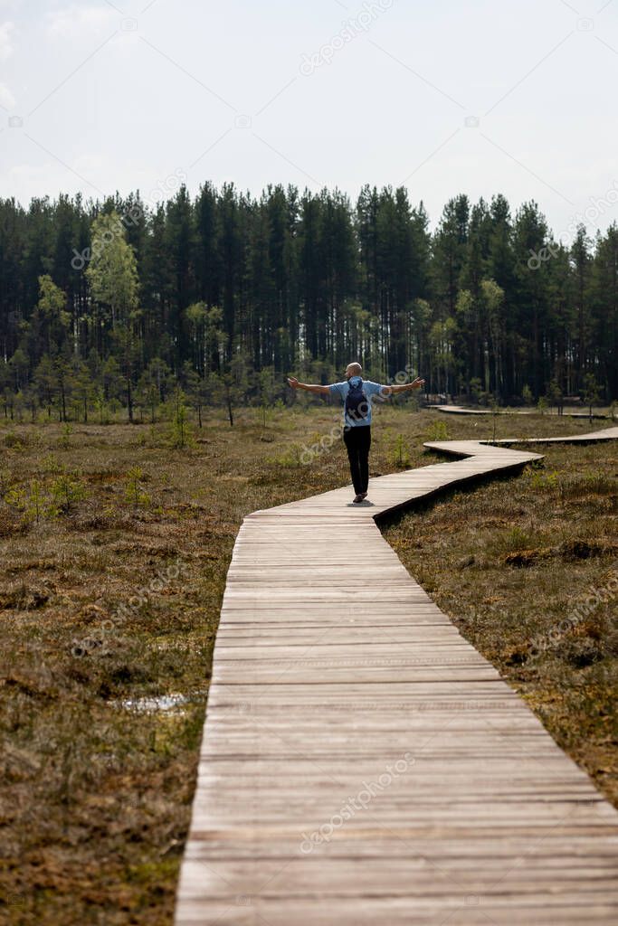 man in a light shirt walking on a wooden path in nature, national park or forest