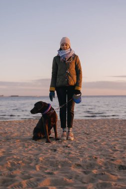 Günbatımında köpeğini gezdiren kadın, modern binaların arka planında güzel bir günbatımı.
