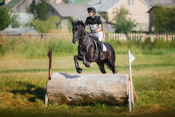 Close Portrait Handsome Rider Man Jumping Obstacle Black Stallion Horse — ストック写真