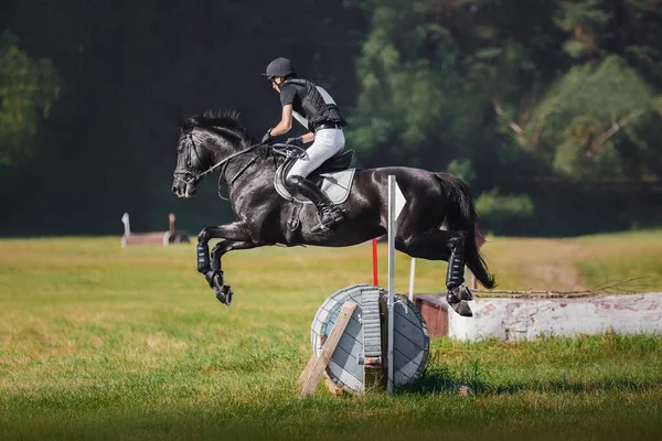 Portrait Black Horse Man Rider Jumping Obstacle Eventing Cross Country — Photo