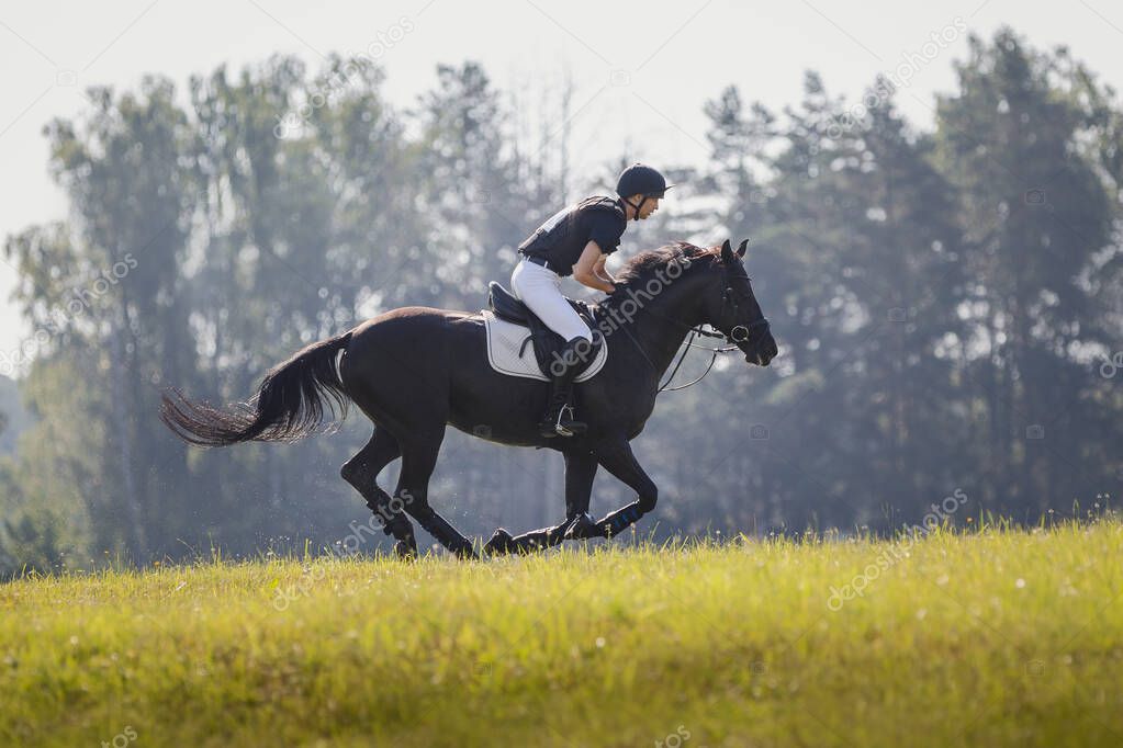 portrait of rider man and black stallion horse galloping during eventing cross country competition in summer