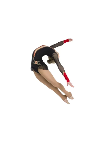Professionele gymnast springen in studio, geïsoleerd op witte backg — Stockfoto