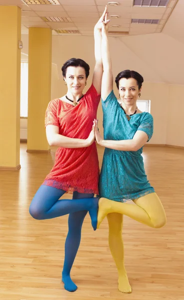 İki genç kadın kapalı yoga yapmak — Stok fotoğraf