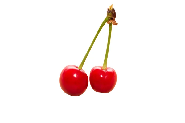 Two cherries isolated on background wooden table — Stock Photo, Image