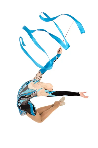 Flexible young gymnast dance with ribbon — Stock Photo, Image
