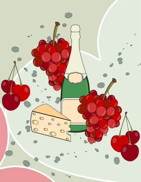 Collage romantique avec chamanique, fromage, raisins et cerises. Beau collage. Affiche. Illustration vectorielle . — Image vectorielle