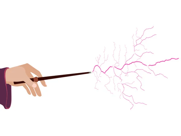 Magic wand. Hand holding a wand on a white background. Lightning spell. Vector illustration. — Stock Vector