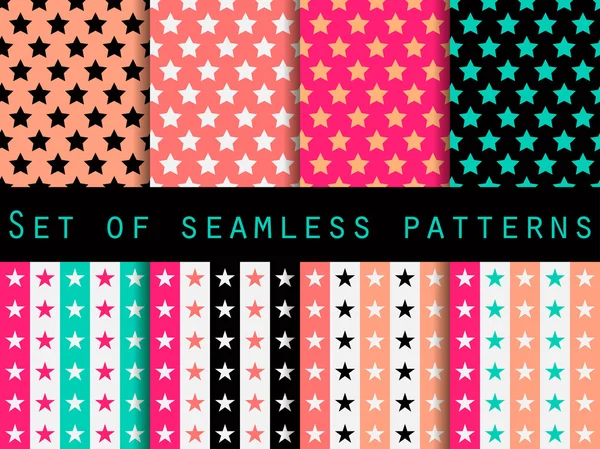 Stars. Set seamless patterns. Blue and pink color. The pattern for wallpaper, bed linen, tiles, fabrics, backgrounds. Vector illustration. — 스톡 벡터