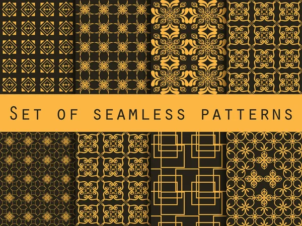 Set of seamless patterns. Geometric patterns. Black and yellow color. For wallpaper, bed linen, tiles, fabrics, backgrounds. Vector illustration — Stock Vector