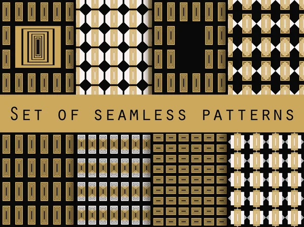 Set of seamless patterns. Geometric pattern, gold and black. The pattern for wallpaper, tiles, fabrics and designs. Vector illustration. — Stock Vector