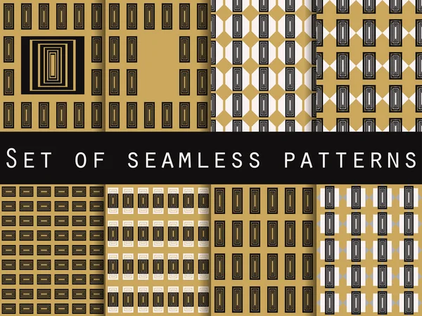 Set van naadloze patronen. Geometrische patroon, goud en zwart. Het patroon voor behang, tegels, stoffen en ontwerpen. Vector illustratie. — Stockvector
