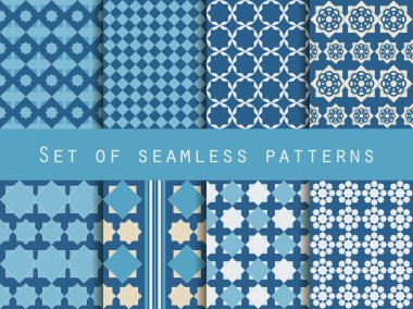 Set of seamless patterns. Rhombus and squares. Retro colors.