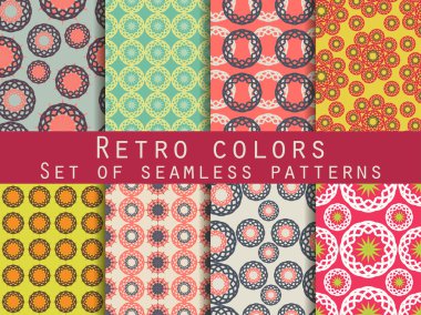 Daireler ve örgüler ile Seamless modeli. Retro renkleri. Etnik desenleri kümesi. Vektör.