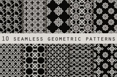 10 monokrom dikişsiz desen seti. Geometrik dikişsiz desen. Vektör.