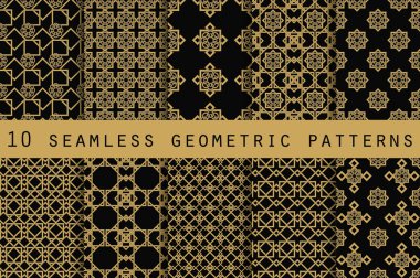 10 geometrik seamless modeli kümesi. Duvar kağıdı, çini, kumaşlar ve tasarımlar için şablon. Vektör.