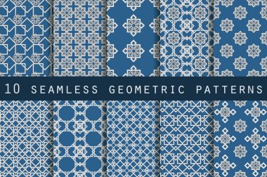 10 geometrik seamless modeli kümesi. Duvar kağıdı, çini, kumaşlar ve tasarımlar için şablon. Vektör.